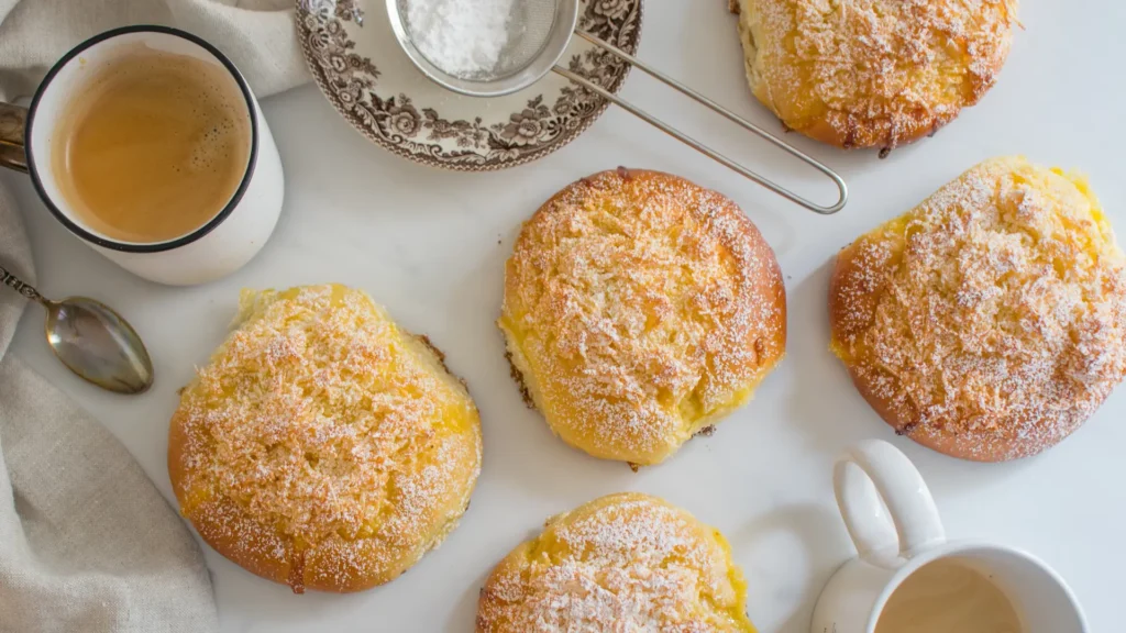 Um lindamente apresentado Pão de Deus português, um pão doce dourado coberto com uma generosa camada de coco, servido numa tábua de madeira rústica. O pão tem uma textura macia e fofa, com uma camada exterior ligeiramente crocante, e a cobertura de coco está levemente dourada após a cozedura. Ao fundo, vê-se um cenário acolhedor de padaria com mais pães frescos, uma chávena de café e um pano de linho, criando uma atmosfera quente e convidativa típica das padarias portuguesas