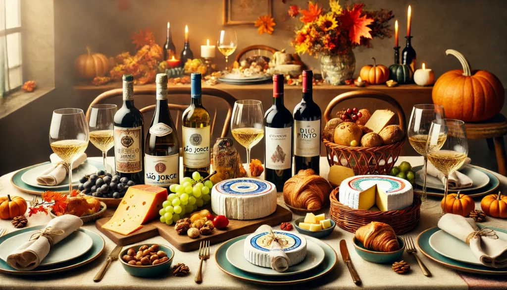 Mesa de Thanksgiving elegantemente preparada para uma degustação de vinhos e queijos portugueses, incluindo Queijo da Serra, Queijo São Jorge, Queijo Fresco, acompanhados por Vinho Verde, Dão Tinto e Vinho do Porto. A mesa apresenta também pães portugueses, como Pão de Água e Croissant Português, além de frutas frescas e frutos secos. A decoração temática de outono cria uma atmosfera acolhedora e festiva, perfeita para celebrar o Thanksgiving com um toque português.