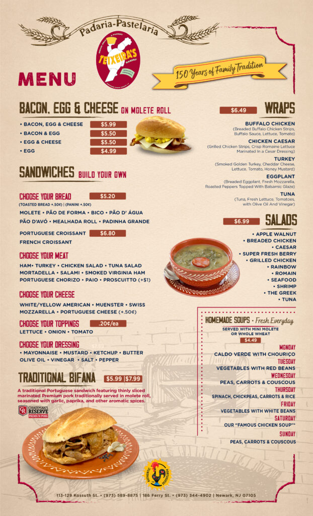 Veja o menu da Teixeira’s Bakery e encante-se com os autênticos sabores portugueses. Pães frescos, bolos tradicionais e pastéis como o irresistível pastel de nata, tudo preparado com dedicação para oferecer o melhor da pastelaria portuguesa em cada mordida